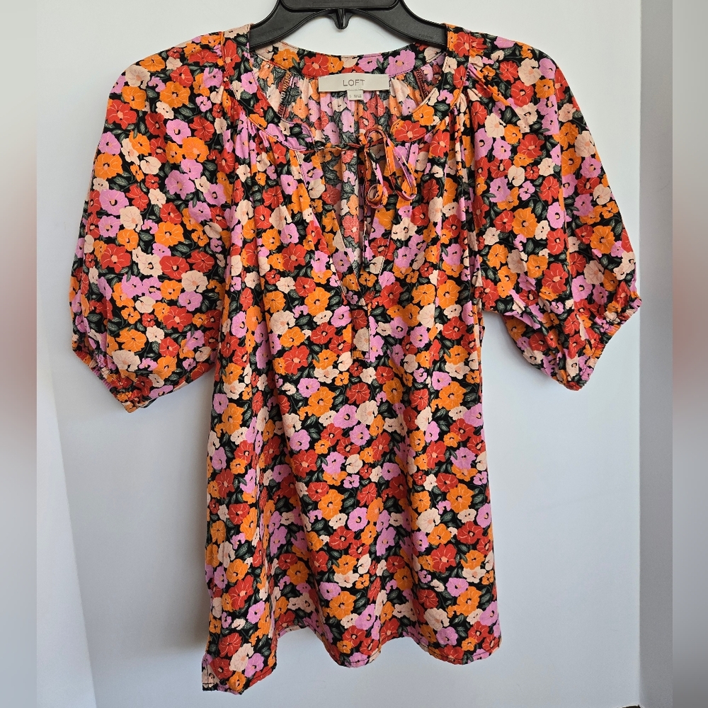 LOFT Floral Smocked Blouse, Size Small, Pink And Orange